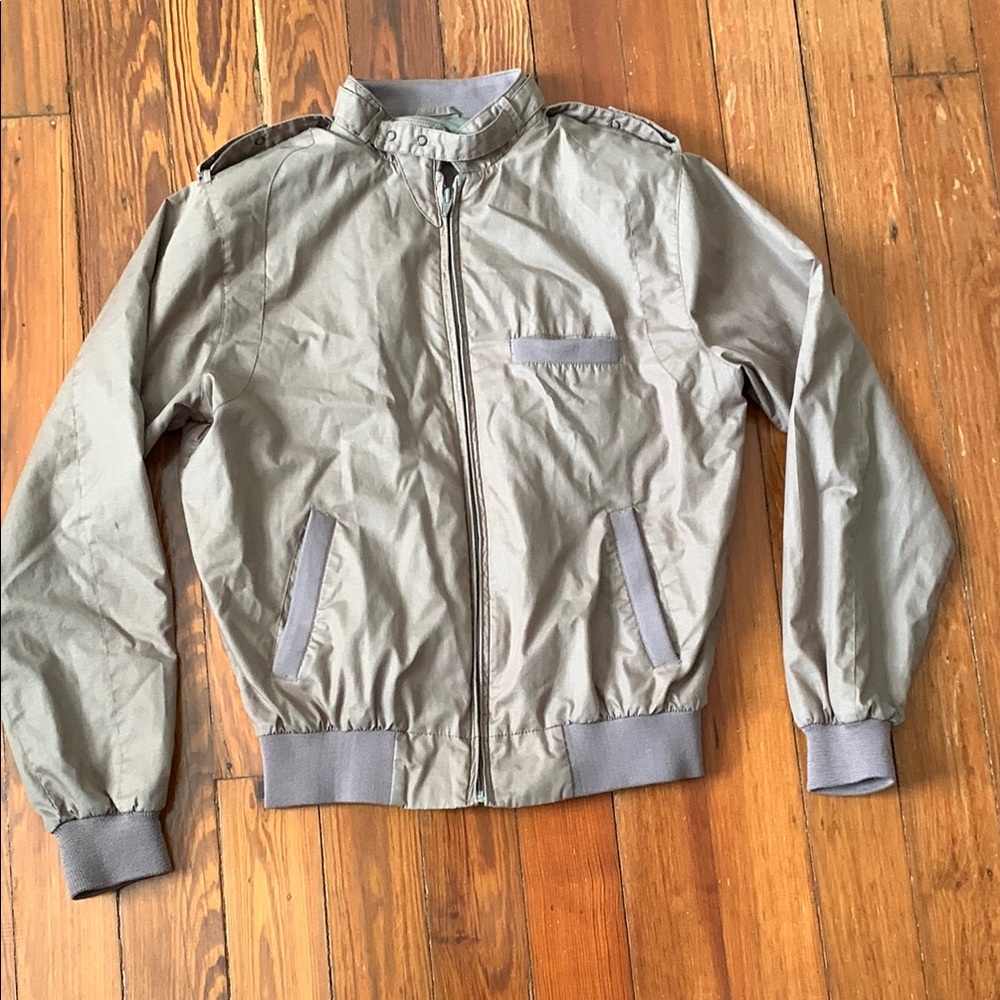 Peter England Gray Bomber Jacket with Ribbed Collar and Elastic Waistband